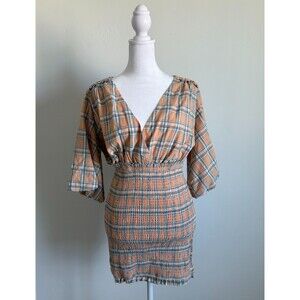 Mable Anthropologie Southern Peach Mini Plaid Puff sleeve Dress Size M